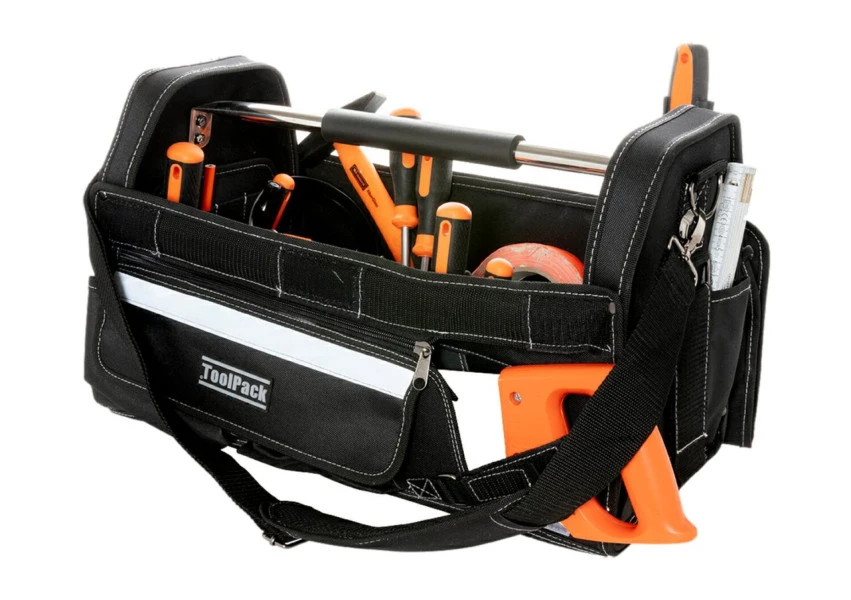 ToolPack Robuuste Gereedschapstas, Metalen Draaghendel, Reflectiestreep, Afneembare Beschermkap, Verstelbare Draagriem 3 ToolPack Robuuste Gereedschapstas, Metalen Draaghendel, Reflectiestreep, Afneembare Beschermkap, Verstelbare Draagriem