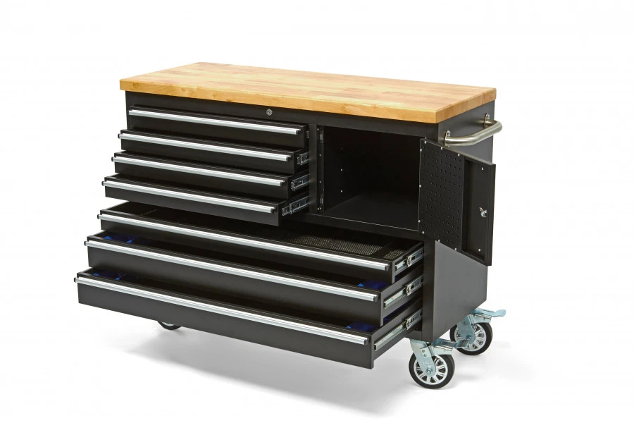 HBM Verrijdbare Gereedschapswagen Met Houten Werkblad - 122 Cm - Zwart 4 HBM Verrijdbare Gereedschapswagen Met Houten Werkblad - 122 Cm - Zwart - Afbeelding 2